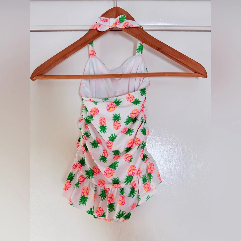 Janie and Jack Girls Pineapple One Piece Swimsuit 3D Blooms Neon Pink White